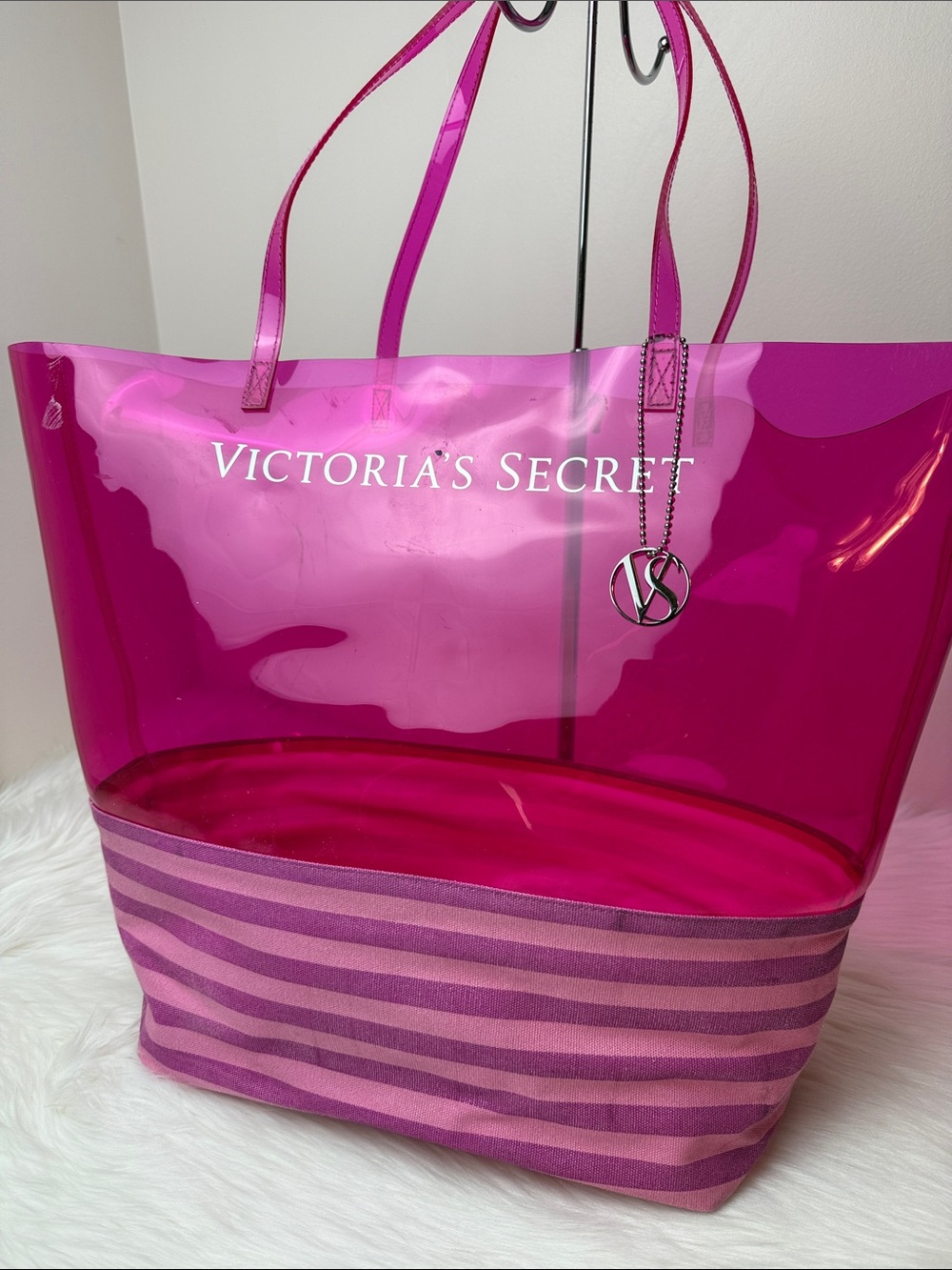 Victoria's Secret Hot Pink Transparent Stripe Beach Bag, Tote Bag, Large ToteBag